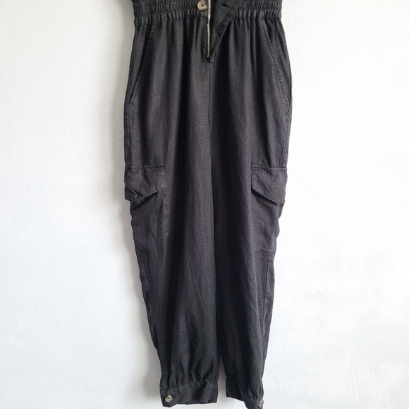 Zara Linen Utility Cargo Black Collared Military Jumpsuit Size Small - Picture 5 of 7